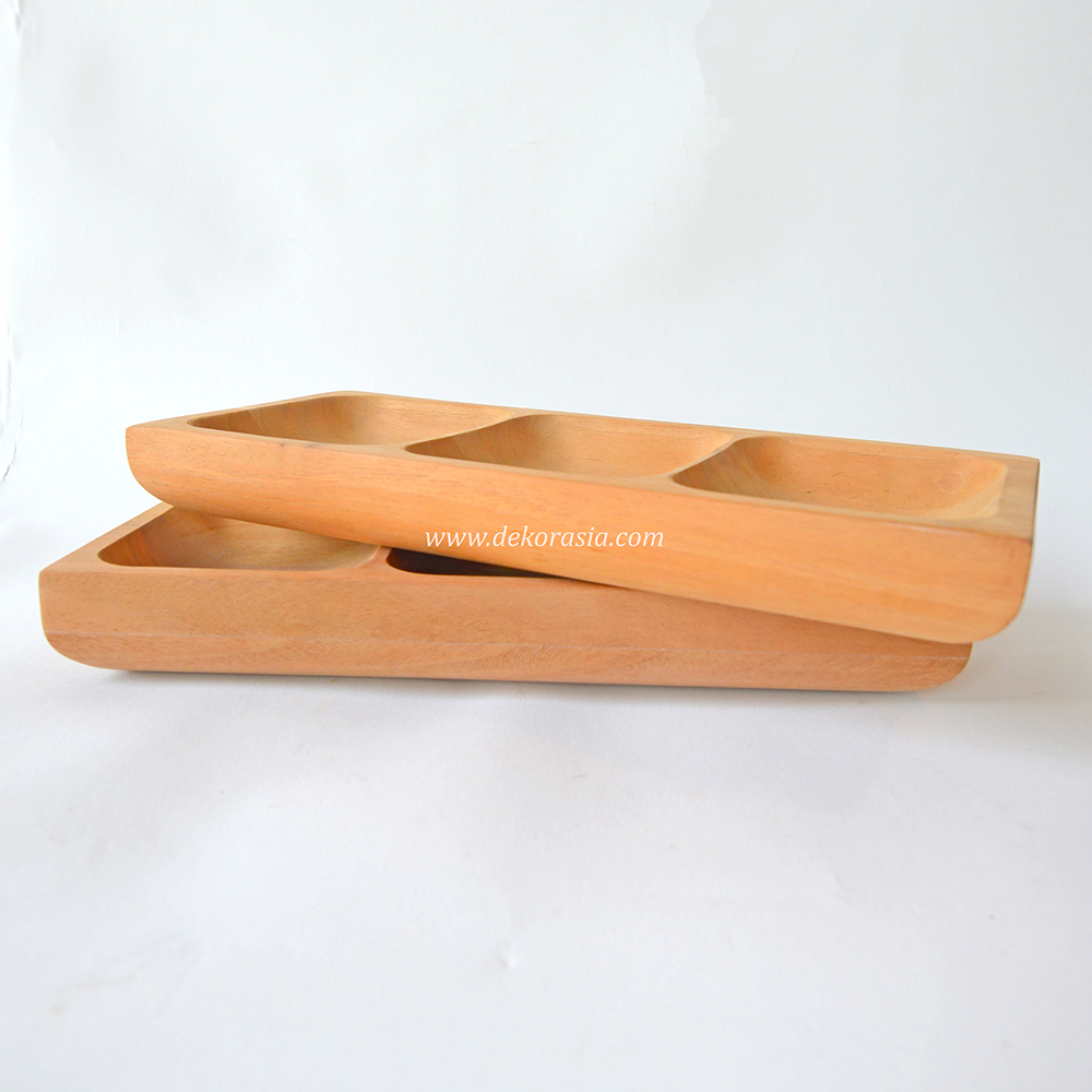 Natural Wood Rectangular Tray with 3 Compartment, Wooden Serving Tray - Image 3