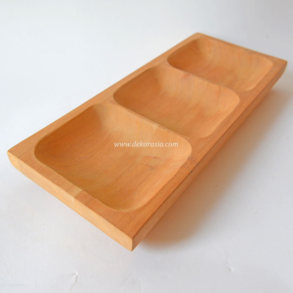 Natural Wood Rectangular Tray with 3 Compartment, Wooden Serving Tray - Image 4