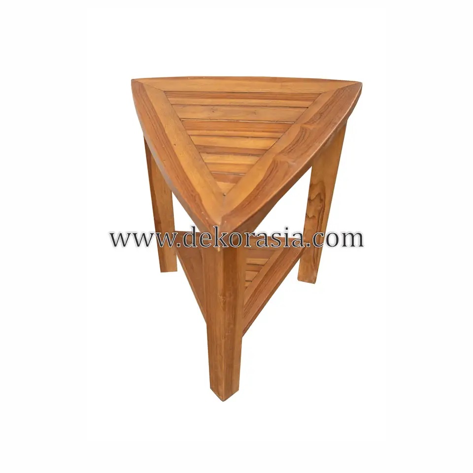 Natural Teak Corner Bench 2 Layer Bathroom Triangle Shaped with Shelf, Waterproof Shower Stool - Image 3