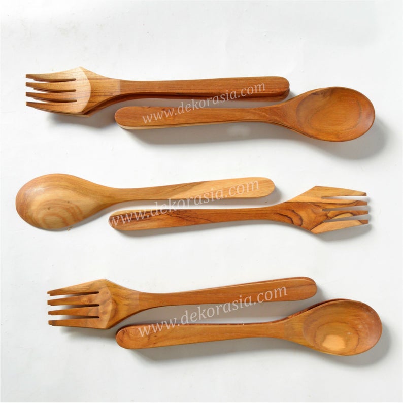 Teak Wooden Spoon and Fork Length 12.2 Inches, Wood Spoon and Fork Kitchenware - Image 2