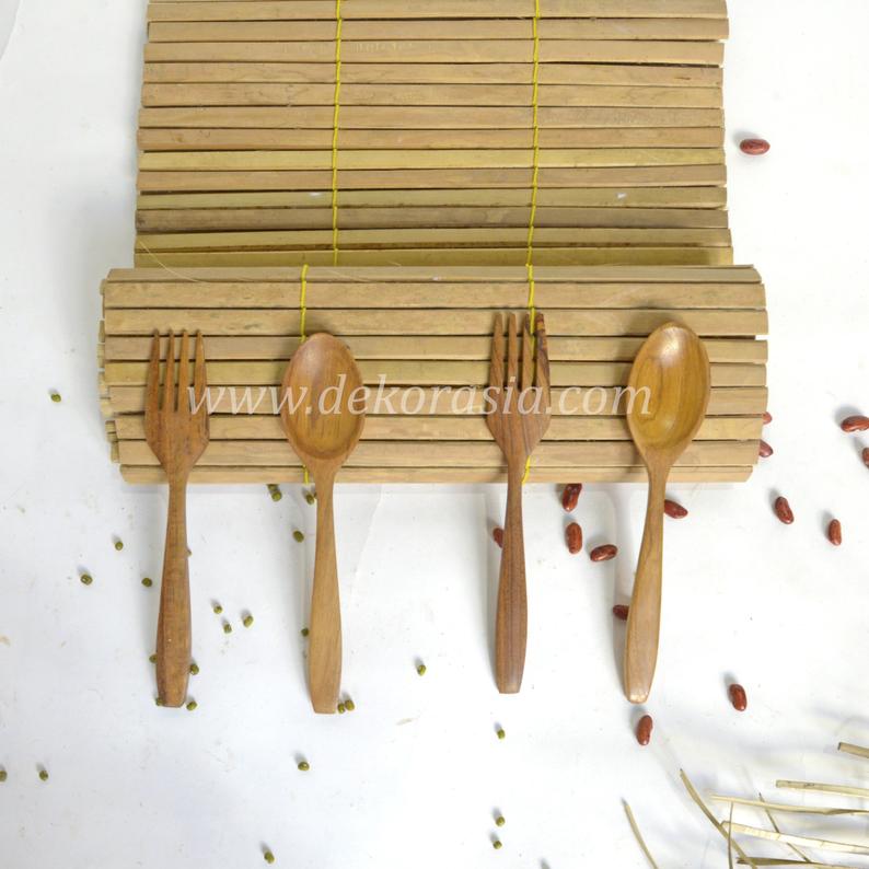 Teak Wood Spoon and Fork - Length 7.1 Inches, Wooden Spoon and Fork Kitchenware - Image 1