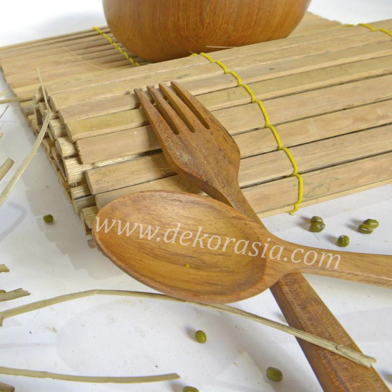 Teak Wood Spoon and Fork - Length 7.1 Inches, Wooden Spoon and Fork Kitchenware - Image 2