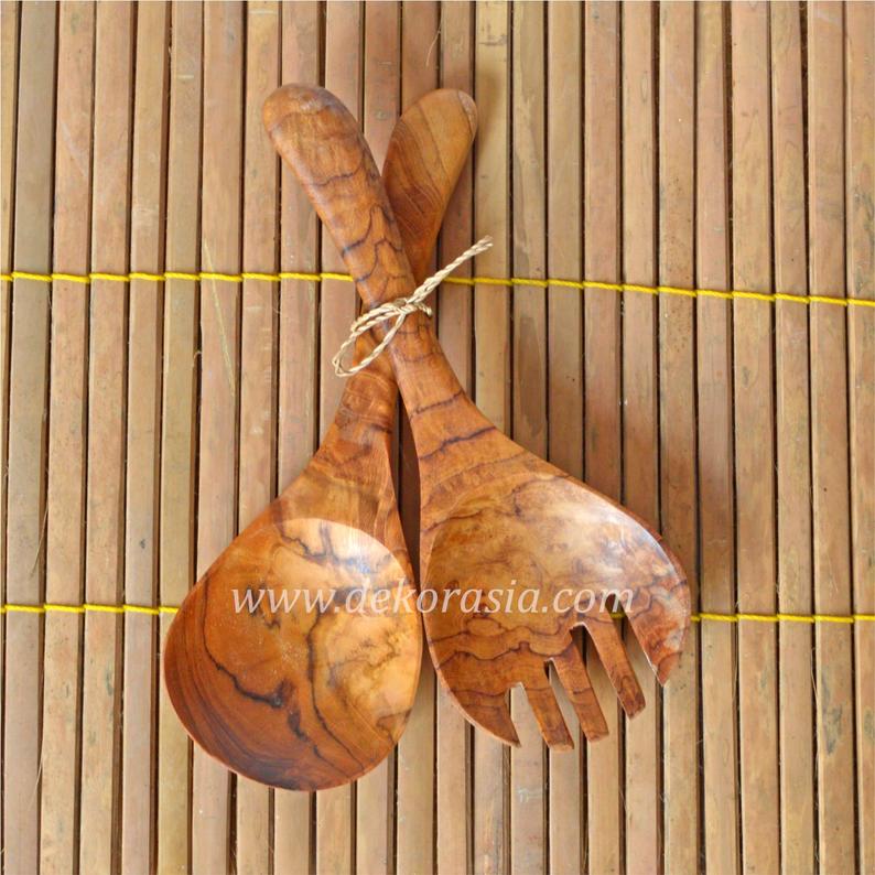 Teak Wooden Spoon and Fork Round Type Length 12.2 Inches, Wood Spoon Wood Fork - Image 1