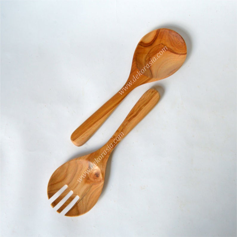 Natural Teak Wood Spoon and Fork (W Type), Wood Spoon and Fork Kitchenware - Image 2