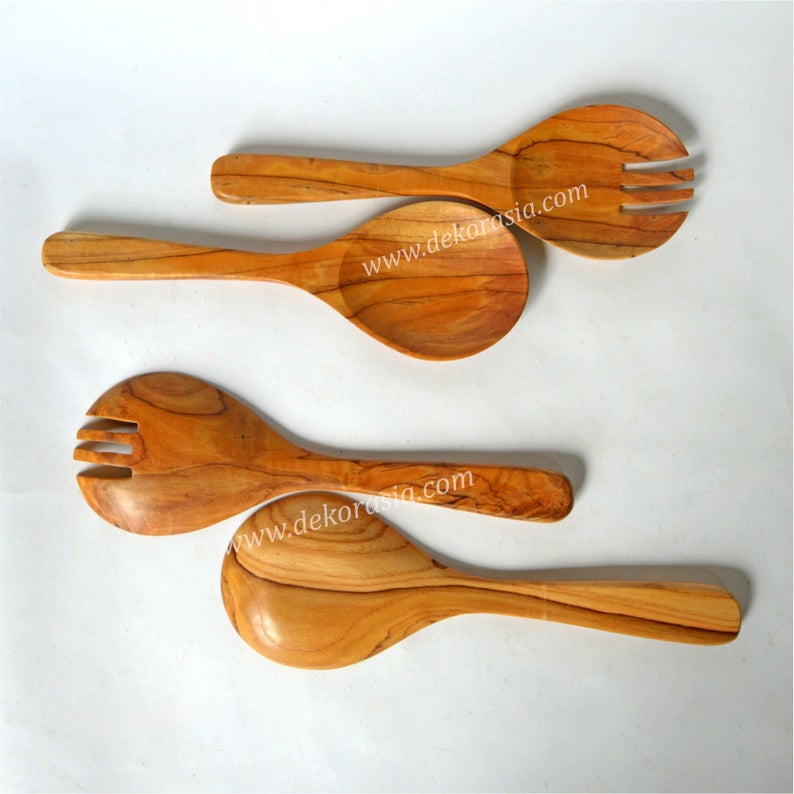 Natural Teak Wood Spoon and Fork (W Type), Wood Spoon and Fork Kitchenware - Image 3